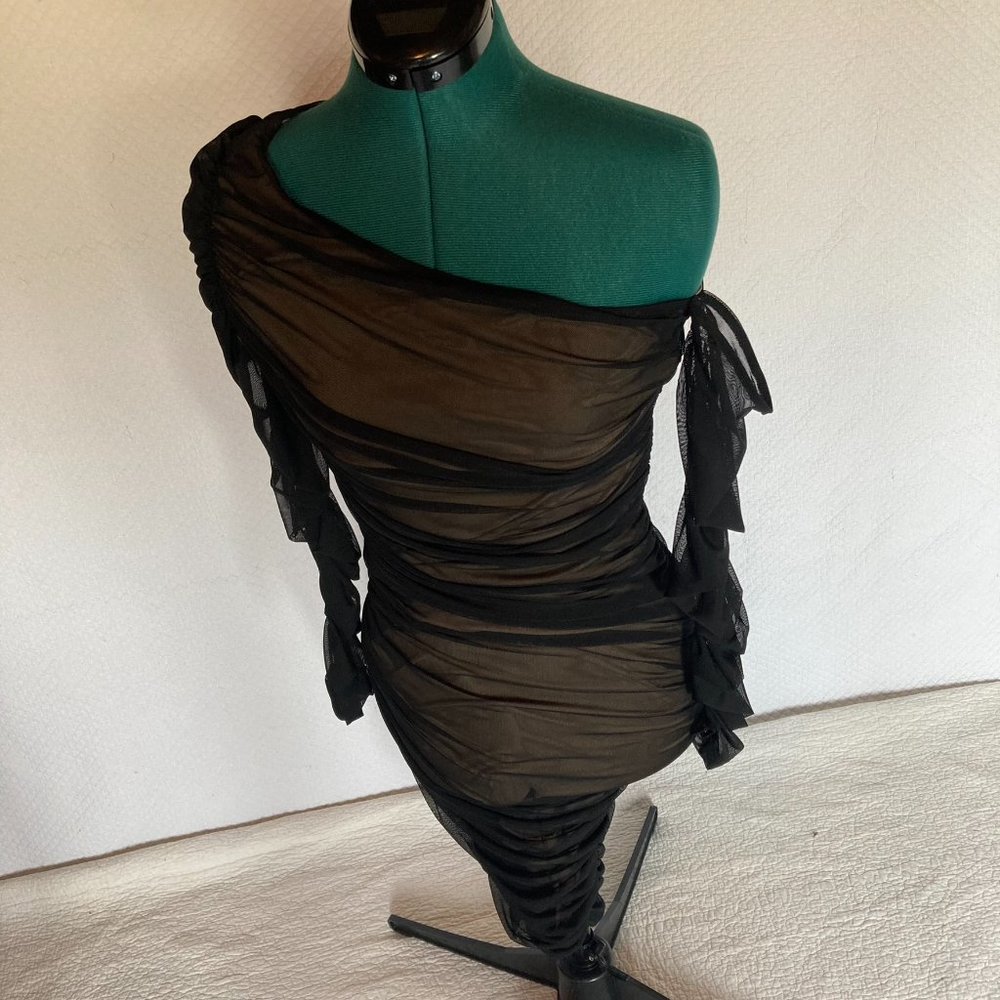 VENUS Asymmetrical Ruched Black Mesh Off Shoulder Midi Dress sz XS